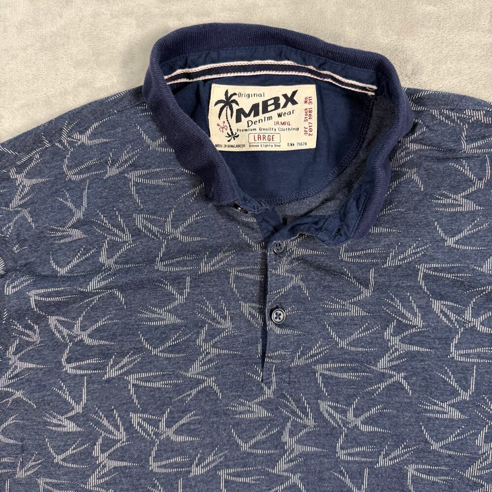 MBX Denim Wear Polo Shirt Mens Large Blue Leaf Print Short Sleeve Casual